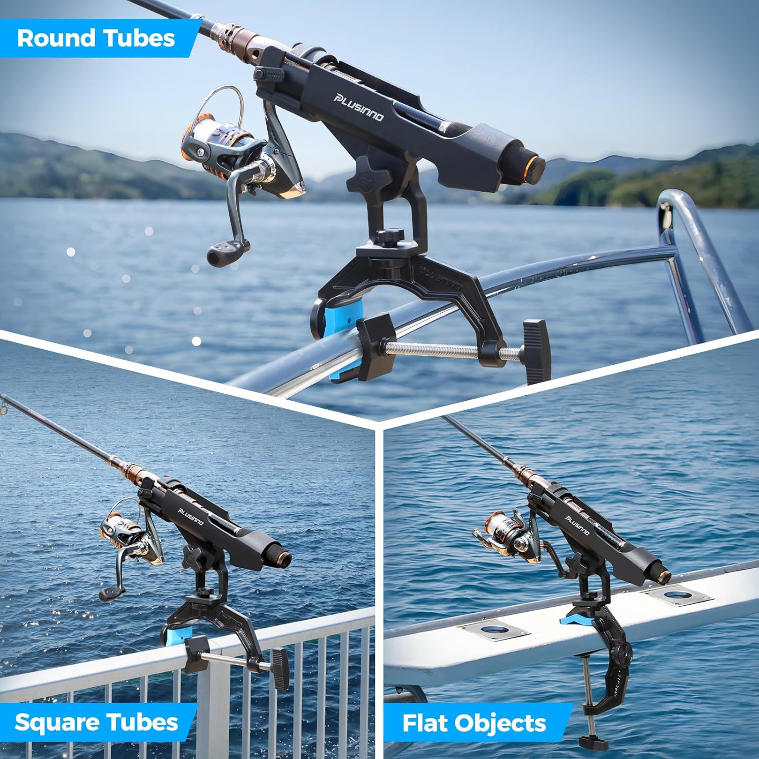 PLUSINNO 1/2/4 Pack Fishing Rod Holders for Boat, Fishing Rod Holder with Enlarge Clamp, Innovative Dual-V Shaped Design, Fit Round/Square Tube Boat Fishing, Fishing Gear, Fishing Gifts for Men image 3