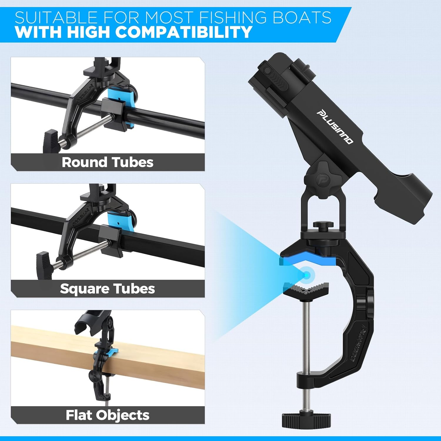 PLUSINNO 1/2/4 Pack Fishing Rod Holders for Boat, Fishing Rod Holder with Enlarge Clamp, Innovative Dual-V Shaped Design, Fit Round/Square Tube Boat Fishing, Fishing Gear, Fishing Gifts for Men image 7