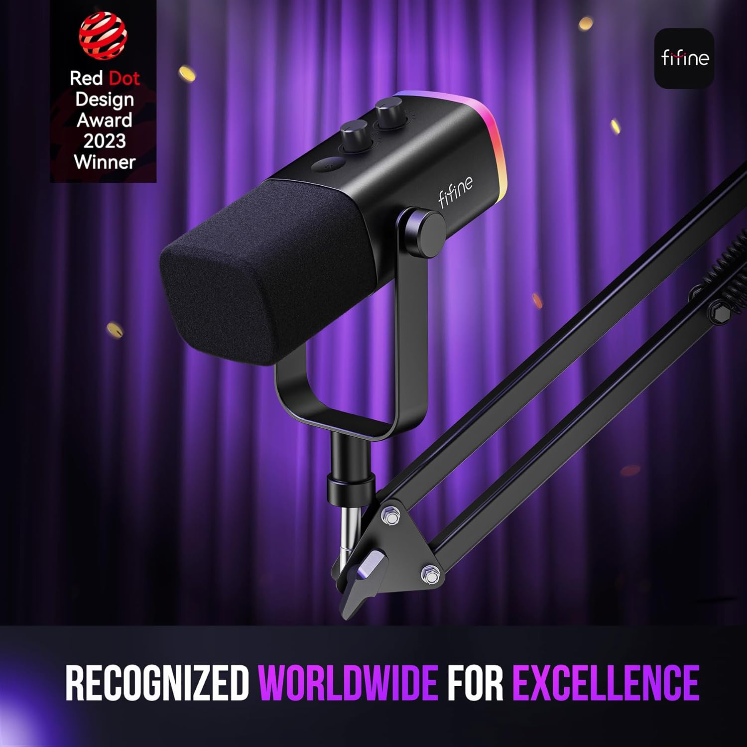 FIFINE XLR/USB Gaming Microphone Set, Dynamic PC Mic for Streaming Podcasting, Computer RGB Mic Kit with Boom Arm Stand, Mute Button, Headphones Jack, for Recording Vocal Voice-Over-AmpliGame AM8T image 2
