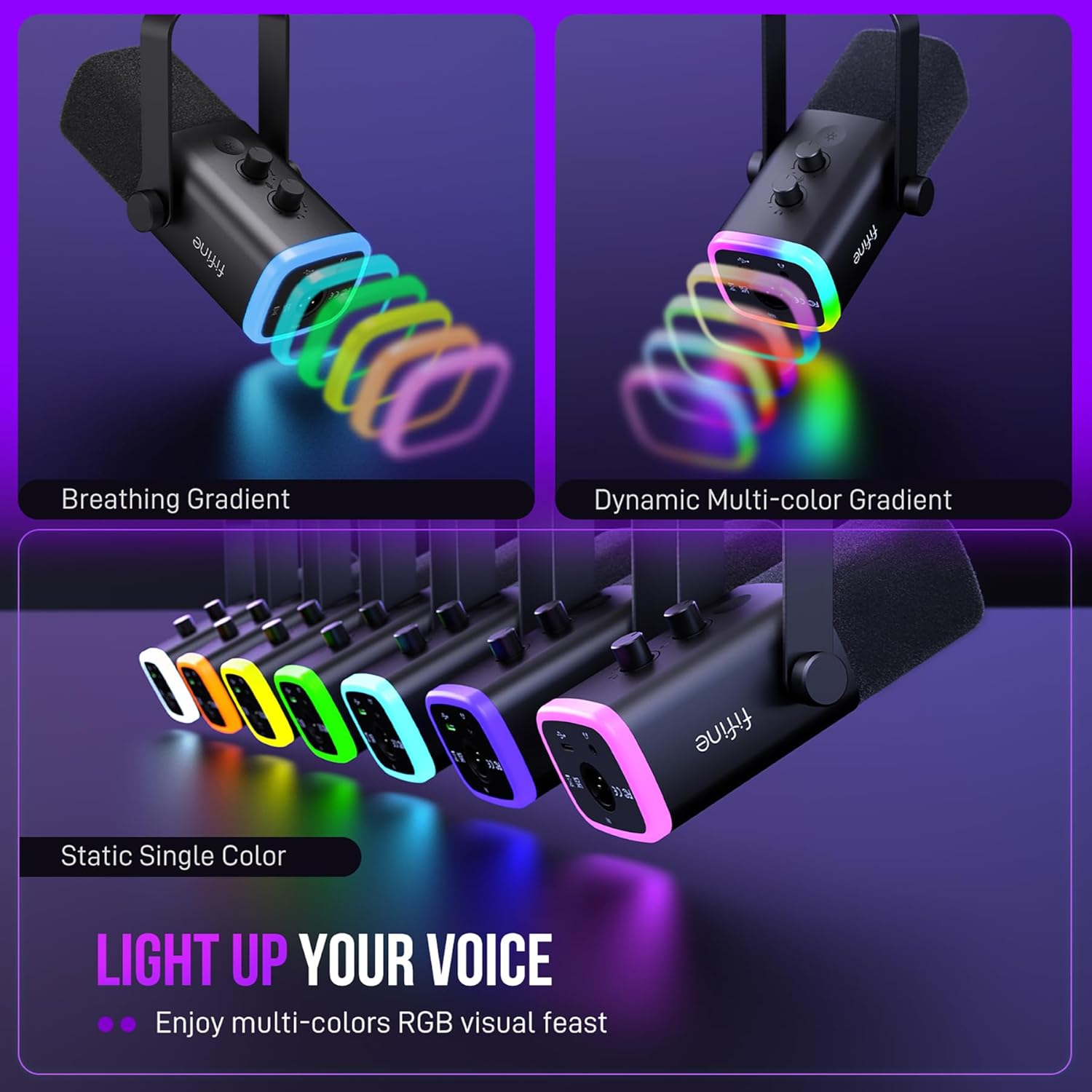 FIFINE XLR/USB Gaming Microphone Set, Dynamic PC Mic for Streaming Podcasting, Computer RGB Mic Kit with Boom Arm Stand, Mute Button, Headphones Jack, for Recording Vocal Voice-Over-AmpliGame AM8T image 5