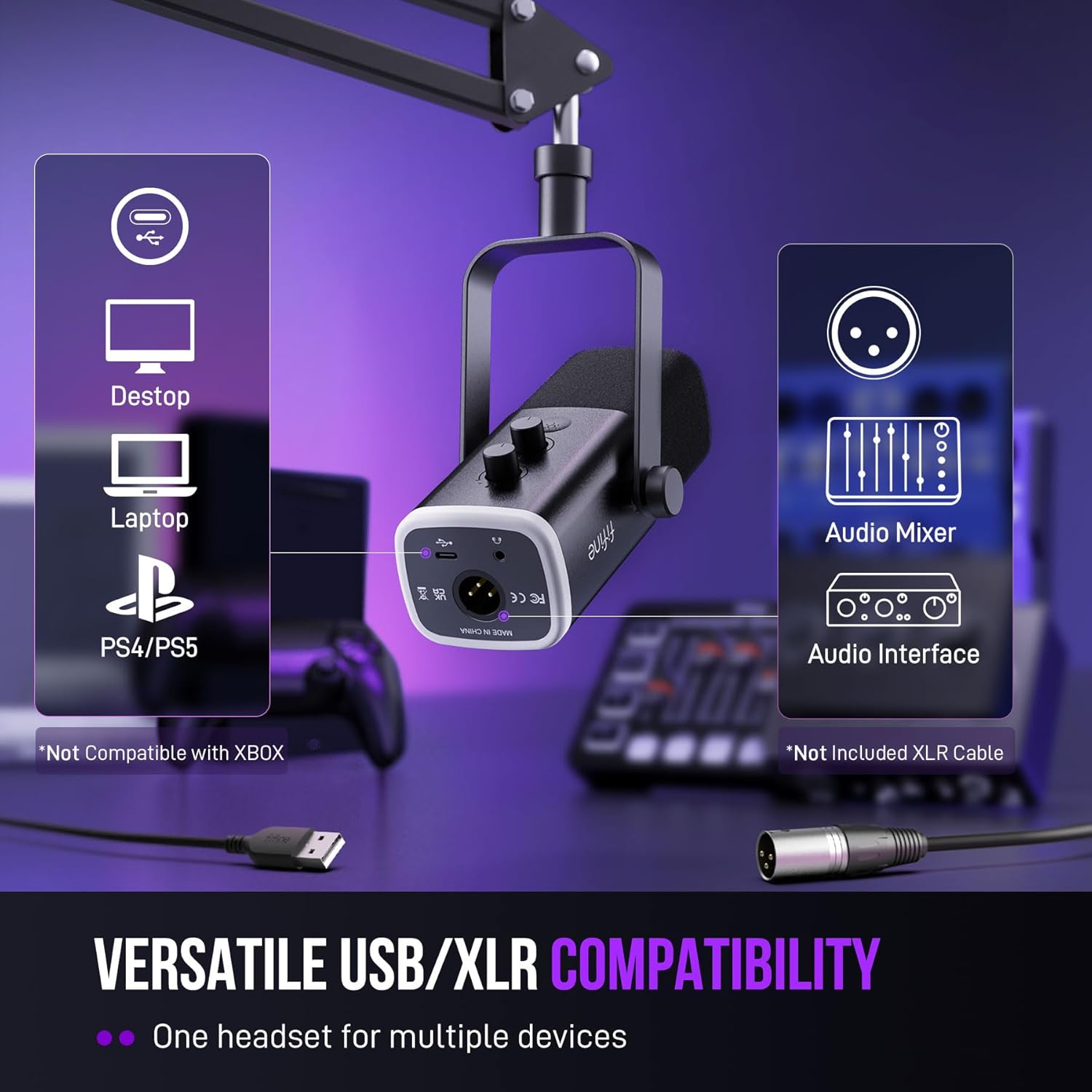 FIFINE XLR/USB Gaming Microphone Set, Dynamic PC Mic for Streaming Podcasting, Computer RGB Mic Kit with Boom Arm Stand, Mute Button, Headphones Jack, for Recording Vocal Voice-Over-AmpliGame AM8T image 7