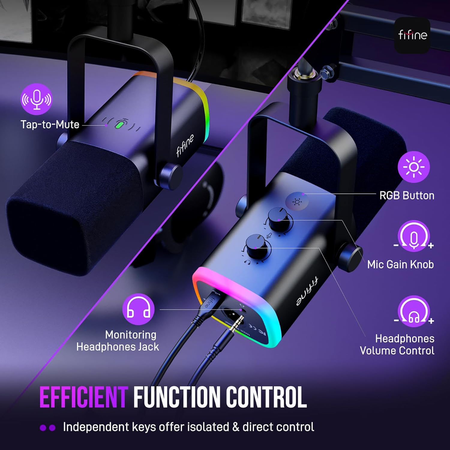 FIFINE XLR/USB Gaming Microphone Set, Dynamic PC Mic for Streaming Podcasting, Computer RGB Mic Kit with Boom Arm Stand, Mute Button, Headphones Jack, for Recording Vocal Voice-Over-AmpliGame AM8T image 8