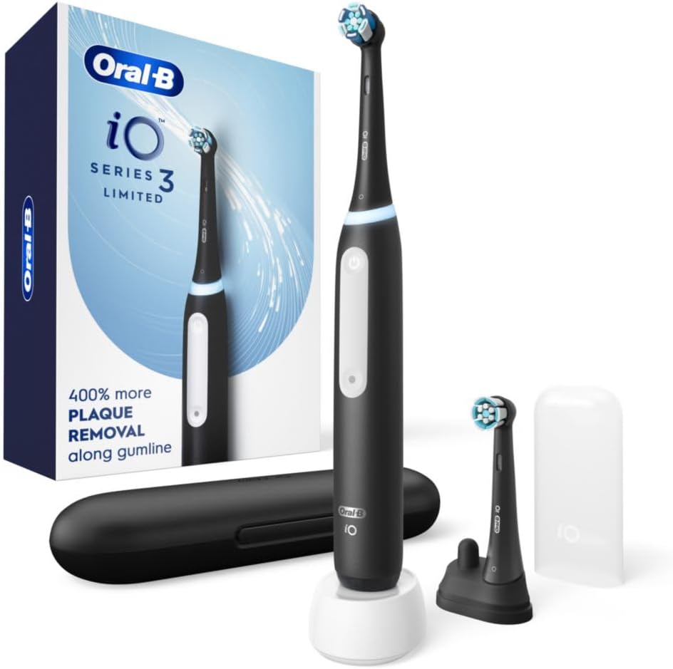 Oral-B iO Deep Clean Rechargeable Electric Powered Toothbrush, Black with iO Series 3 Limited, 2 Brush Heads and Travel Case - Pressure Sensor to Protect Gums - 3 Cleaning Settings - 2 Minute Timer image 1