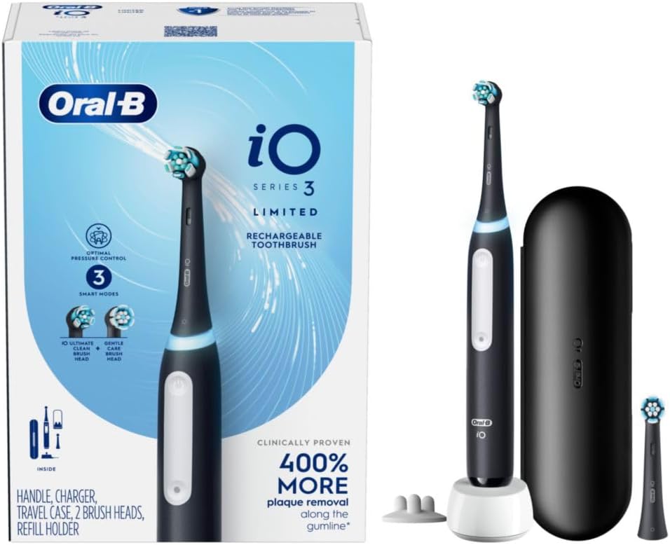 Oral-B iO Deep Clean Rechargeable Electric Powered Toothbrush, Black with iO Series 3 Limited, 2 Brush Heads and Travel Case - Pressure Sensor to Protect Gums - 3 Cleaning Settings - 2 Minute Timer image 9