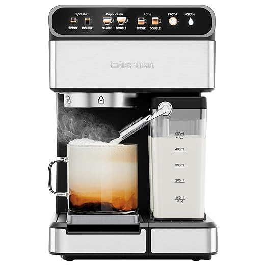 Chefman CaféMaster Pro Espresso Machine, Brew Single or Double Shots, Coffee Maker with Built-In Milk Frother for Cappuccino & Latte, XL 1.8 Liter Removable Water Reservoir - Stainless Steel image 1