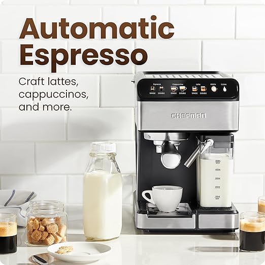 Chefman CaféMaster Pro Espresso Machine, Brew Single or Double Shots, Coffee Maker with Built-In Milk Frother for Cappuccino & Latte, XL 1.8 Liter Removable Water Reservoir - Stainless Steel image 2