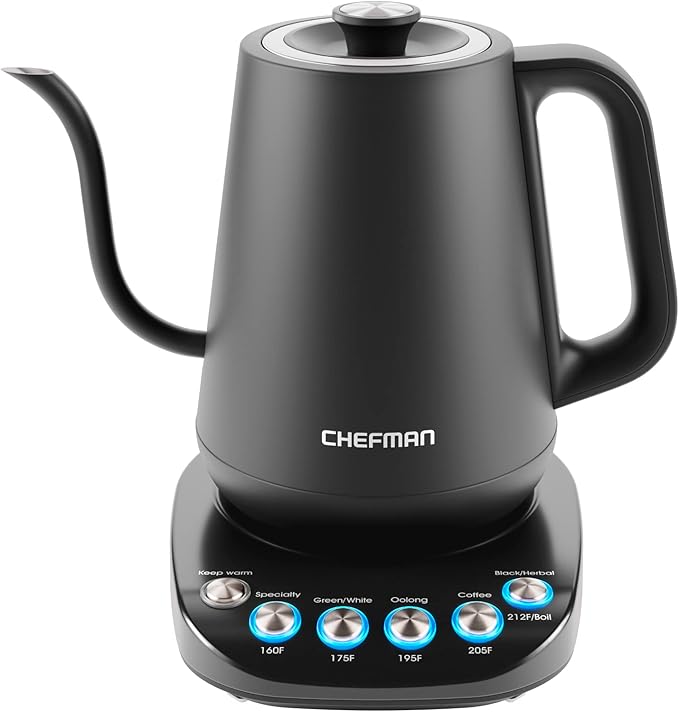 Chefman TrueTemp Precision Control Gooseneck Kettle, Internal Custom Temperature Control and 6 One-Touch Presets, Boil-Dry Protection Auto Shut-Off for Safety, For Pour Over Coffee and Tea, Black image 1