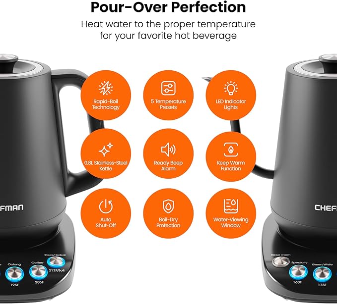 Chefman TrueTemp Precision Control Gooseneck Kettle, Internal Custom Temperature Control and 6 One-Touch Presets, Boil-Dry Protection Auto Shut-Off for Safety, For Pour Over Coffee and Tea, Black image 2