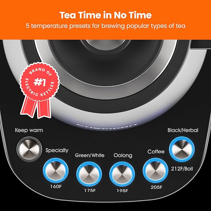 Chefman TrueTemp Precision Control Gooseneck Kettle, Internal Custom Temperature Control and 6 One-Touch Presets, Boil-Dry Protection Auto Shut-Off for Safety, For Pour Over Coffee and Tea, Black image 4