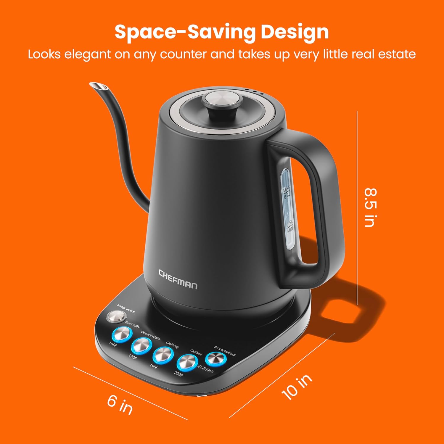 Chefman TrueTemp Precision Control Gooseneck Kettle, Internal Custom Temperature Control and 6 One-Touch Presets, Boil-Dry Protection Auto Shut-Off for Safety, For Pour Over Coffee and Tea, Black image 7