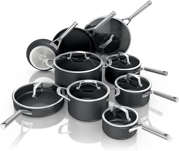 Ninja Cookware, Ninja NeverStick Professional, 16-Piece Pots and Pans Set, Non Stick Frying Pans, Kitchen Essentials, Stock Pot, Sauce Pan, Glass Lids, Saute Pan, All Stovetops, Black, C39900 image 1