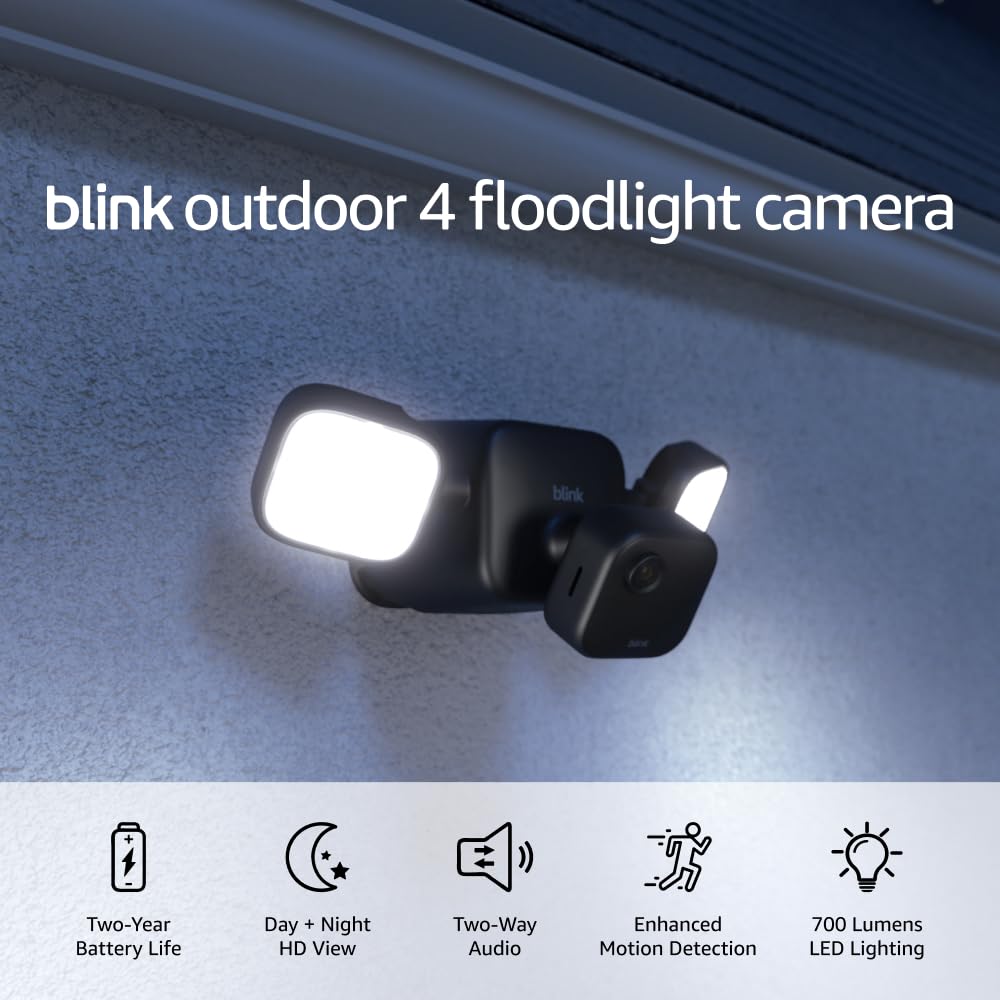 Blink Outdoor 4 Floodlight Camera (newest model), Wire-free smart security camera, 700 lumens, two-year battery life, HD live view, enhanced motion detection, Works with Alexa- 1 camera system image 2