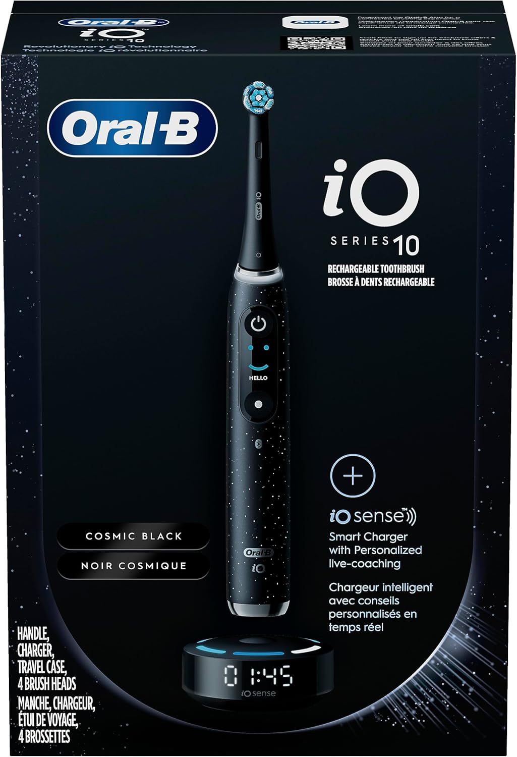 Oral-B iO Series 10 Rechargeable Electric Toothbrush with Visible Pressure Sensor to Protect Gums, 2 Min Timer, 7 Cleaning Settings, 4 Replacement Toothbrush Heads, and Charging Travel Case, Black image 1