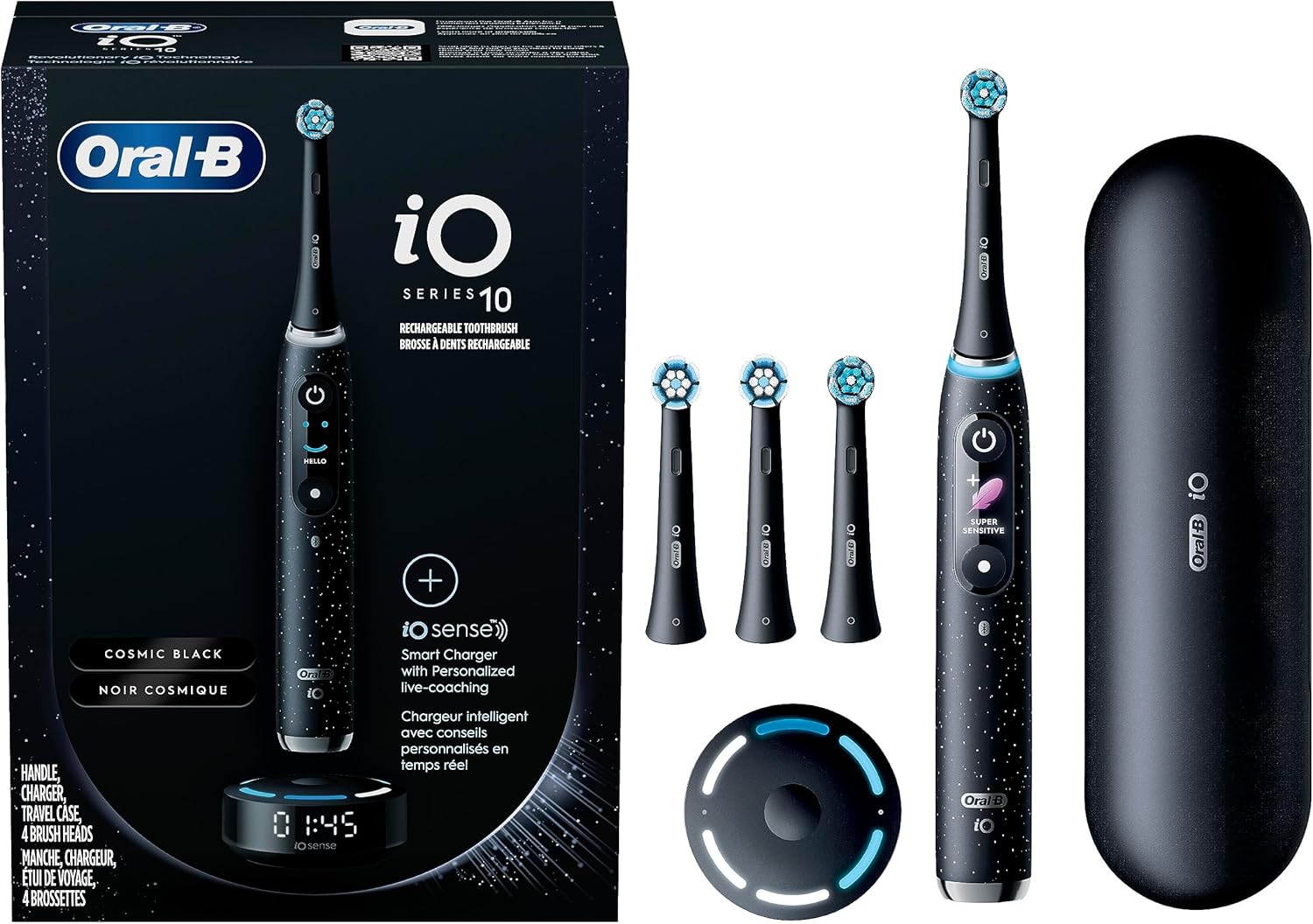 Oral-B iO Series 10 Rechargeable Electric Toothbrush with Visible Pressure Sensor to Protect Gums, 2 Min Timer, 7 Cleaning Settings, 4 Replacement Toothbrush Heads, and Charging Travel Case, Black image 2