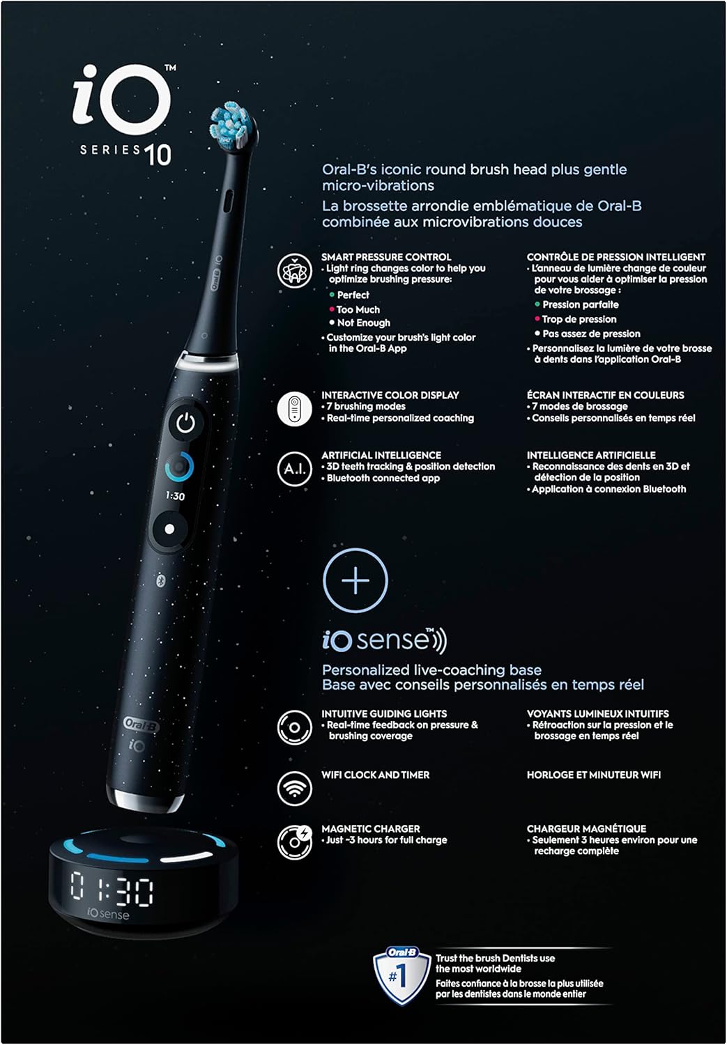 Oral-B iO Series 10 Rechargeable Electric Toothbrush with Visible Pressure Sensor to Protect Gums, 2 Min Timer, 7 Cleaning Settings, 4 Replacement Toothbrush Heads, and Charging Travel Case, Black image 3