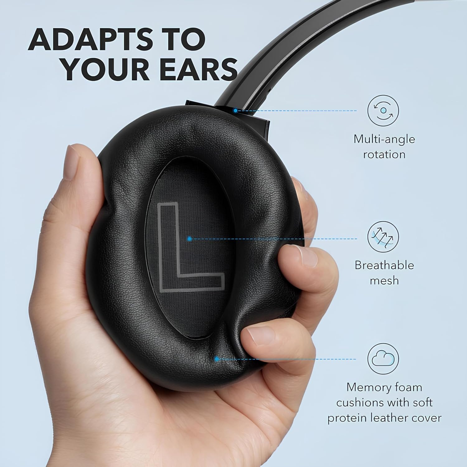 Soundcore Anker Life Q20 Hybrid Active Noise Cancelling Headphones, Wireless Over Ear Bluetooth Headphones, 70H Playtime, Hi-Res Audio, Deep Bass, Memory Foam Ear Cups, Travel, Office, USB-C Charging image 5