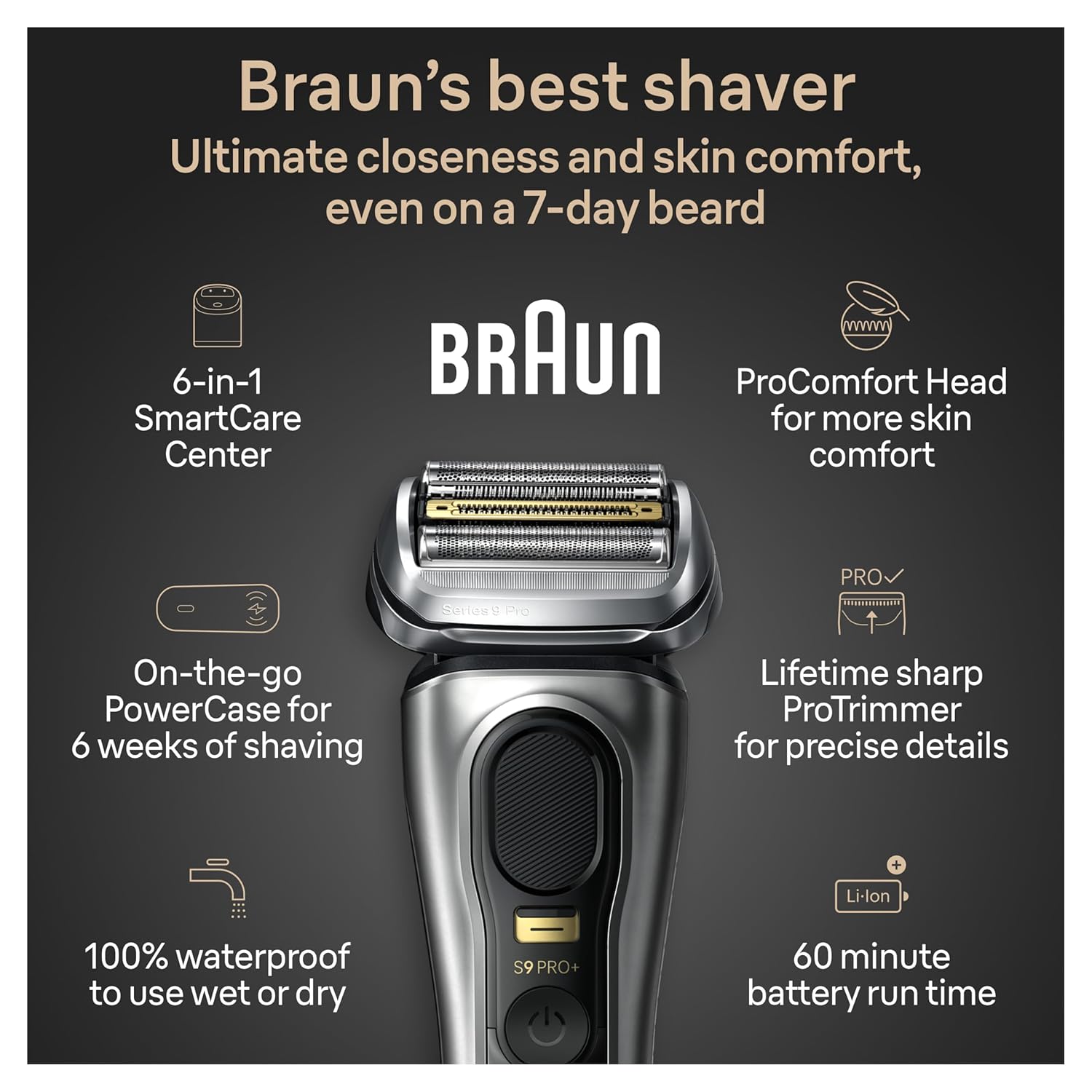 Braun Series 9 PRO+ Electric Shaver, Shaving Kit with 5 Pro Shave Elements and ProComfort Head, SmartCare Center image 3