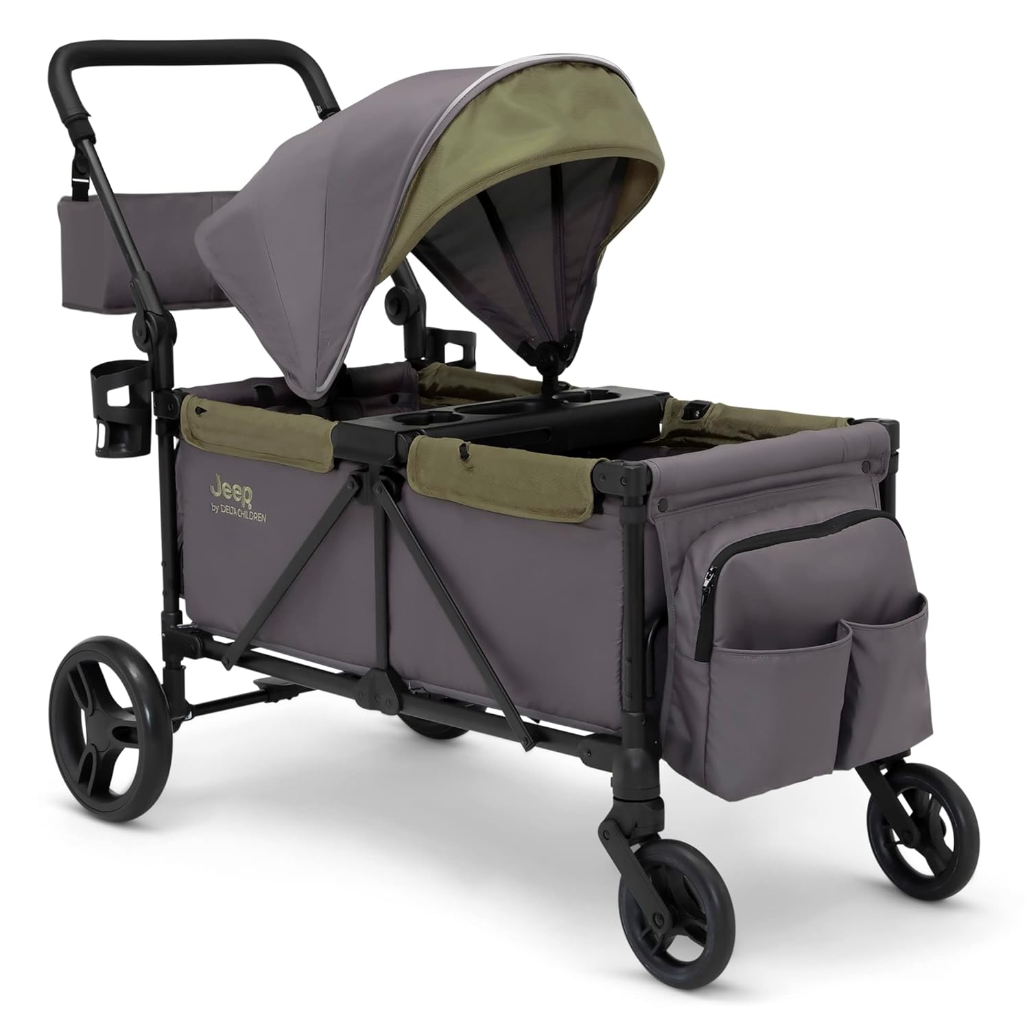 Jeep Sport All-Terrain Stroller Wagon by Delta Children - Includes Canopy, Parent Organizer, Adjustable Handlebar, Snack Tray & Cup Holders, Grey/Olive Green image 1
