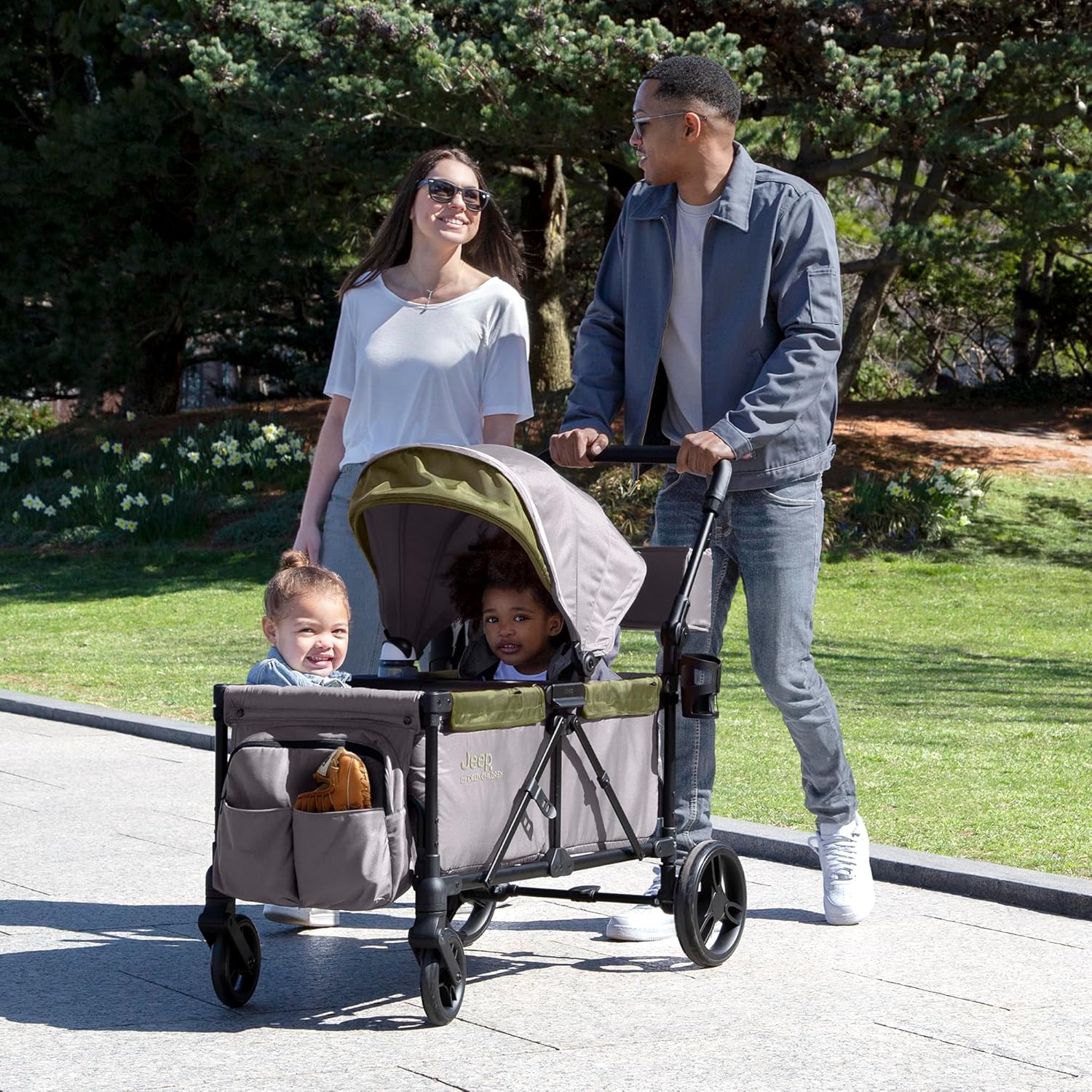 Jeep Sport All-Terrain Stroller Wagon by Delta Children - Includes Canopy, Parent Organizer, Adjustable Handlebar, Snack Tray & Cup Holders, Grey/Olive Green image 2