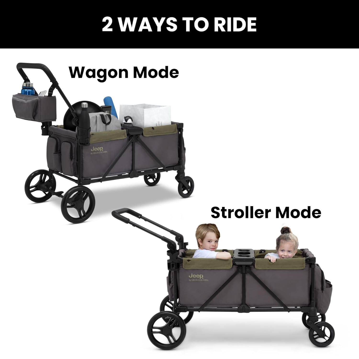 Jeep Sport All-Terrain Stroller Wagon by Delta Children - Includes Canopy, Parent Organizer, Adjustable Handlebar, Snack Tray & Cup Holders, Grey/Olive Green image 3