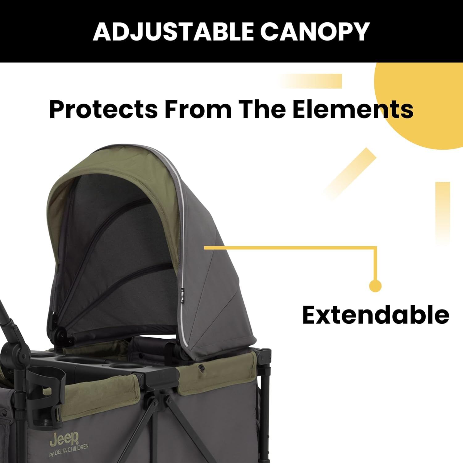 Jeep Sport All-Terrain Stroller Wagon by Delta Children - Includes Canopy, Parent Organizer, Adjustable Handlebar, Snack Tray & Cup Holders, Grey/Olive Green image 5