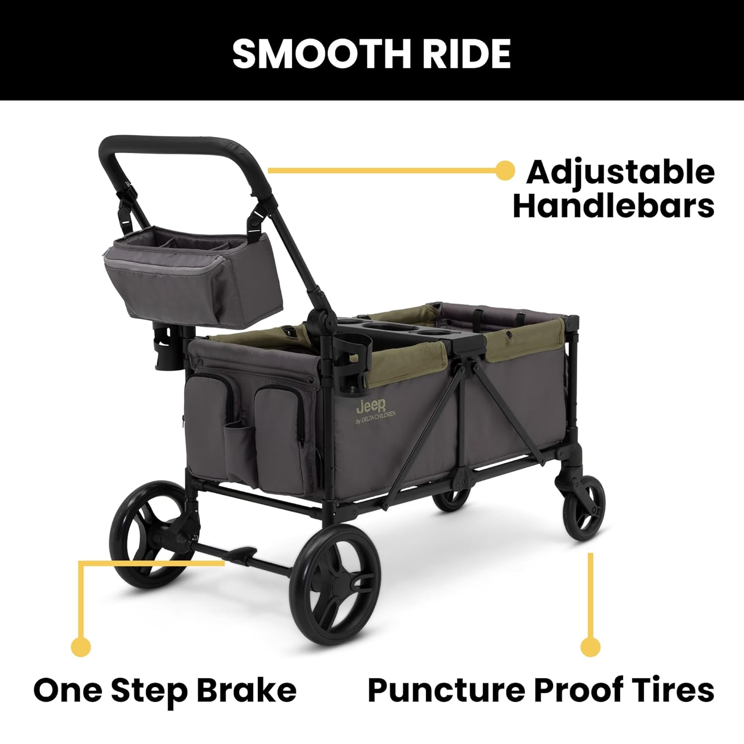 Jeep Sport All-Terrain Stroller Wagon by Delta Children - Includes Canopy, Parent Organizer, Adjustable Handlebar, Snack Tray & Cup Holders, Grey/Olive Green image 7