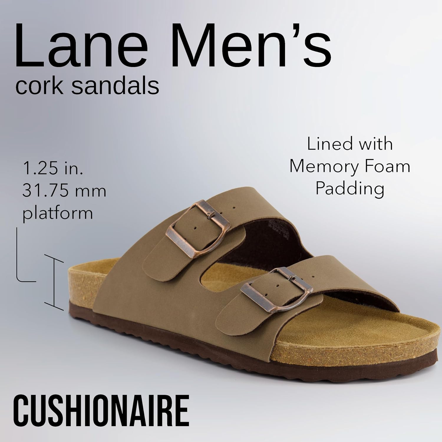 CUSHIONAIRE Lane Cork Footbed Mens Sandals, Adjustable Buckle Comfort Slides for Men, Genuine Leather Insole Summer Sandals Men Footwear image 2