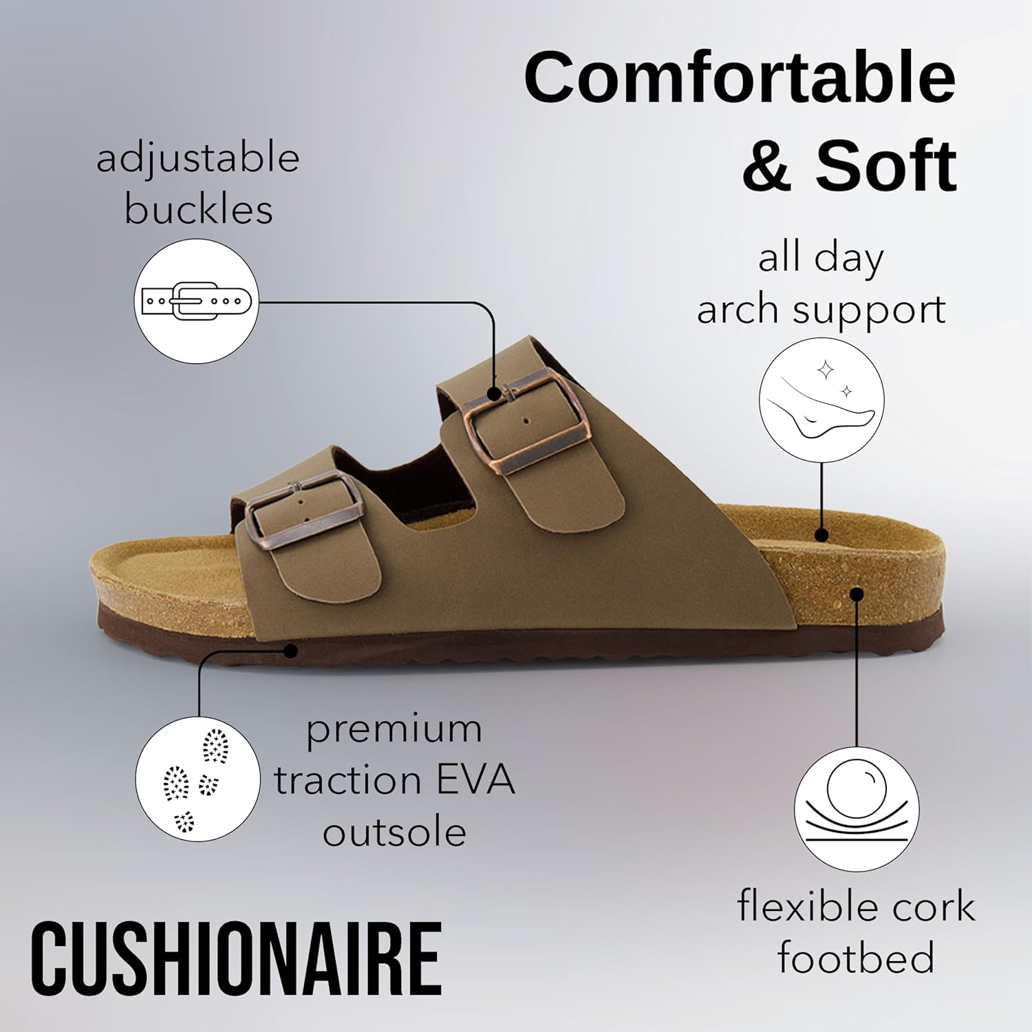 CUSHIONAIRE Lane Cork Footbed Mens Sandals, Adjustable Buckle Comfort Slides for Men, Genuine Leather Insole Summer Sandals Men Footwear image 4