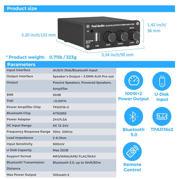 Fosi Audio BL20A Bluetooth USB Power Amplifier image 6