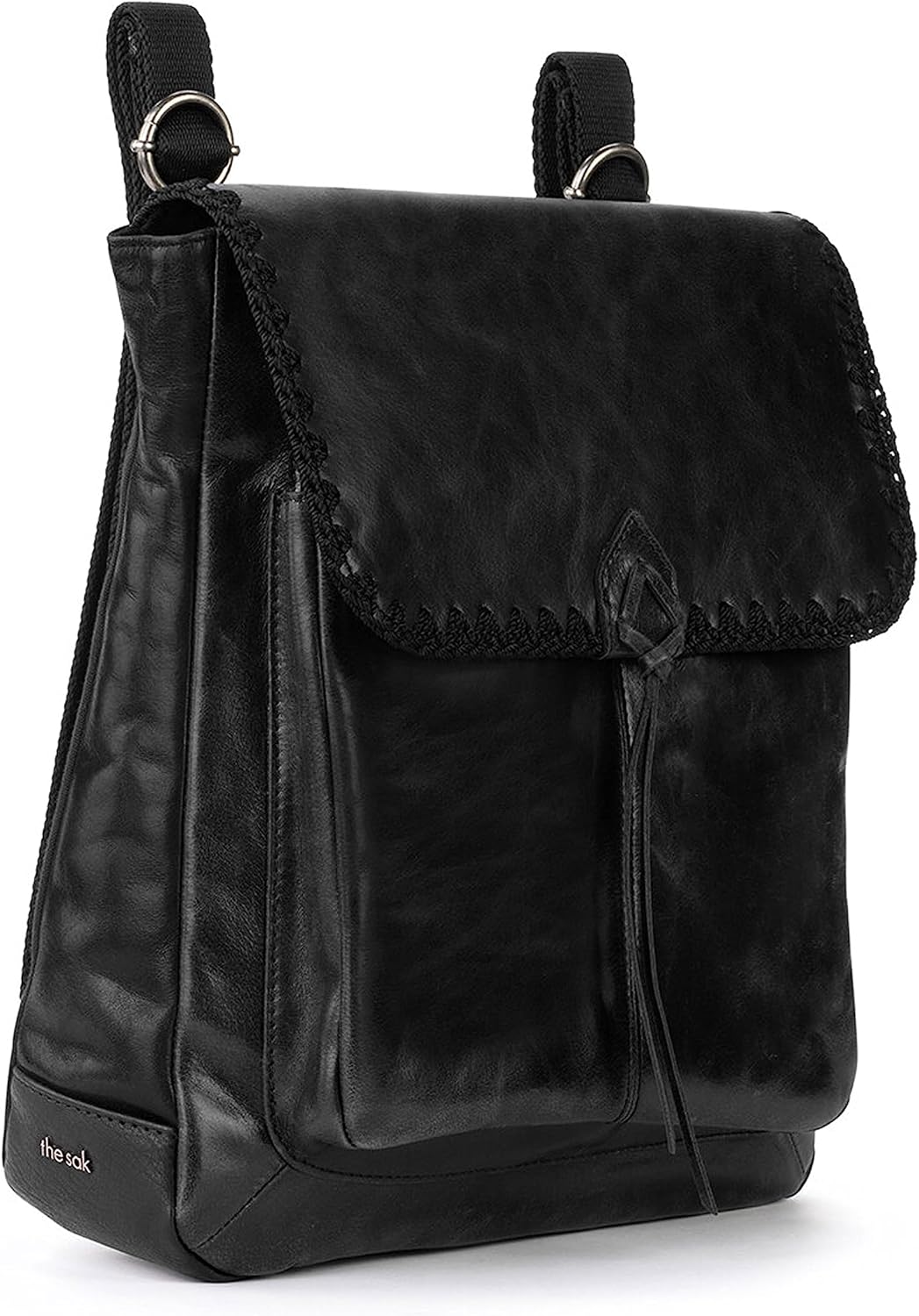 The Sak Ventura Backpack in Leather, Adjustable Convertible Strap, Black Crochet image 2