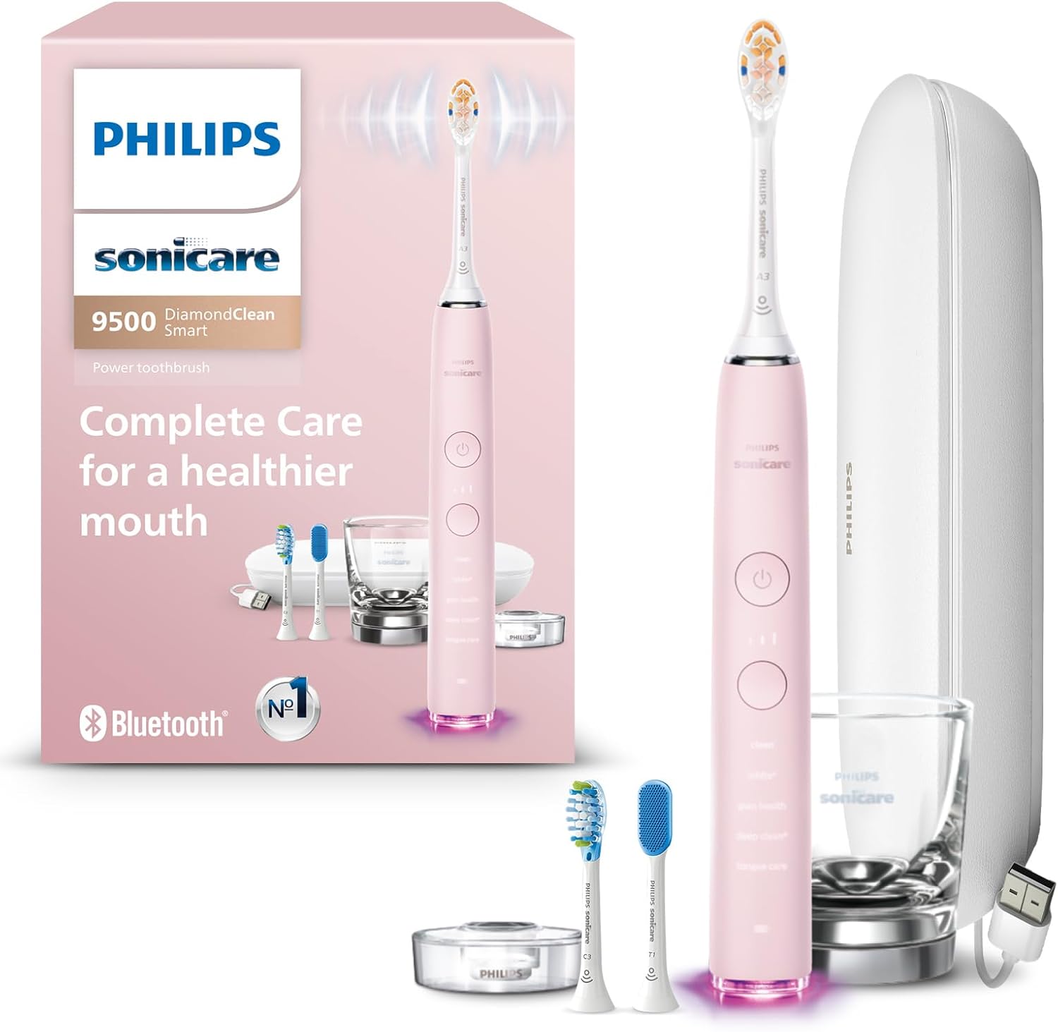 Philips Sonicare DiamondClean Smart 9500 Electric Toothbrush, Sonic Toothbrush with App, Pressure Sensor, Brush Head Detection, 5 Brushing Modes and 3 Intensity Levels, Pink, Model HX9923/21 image 1
