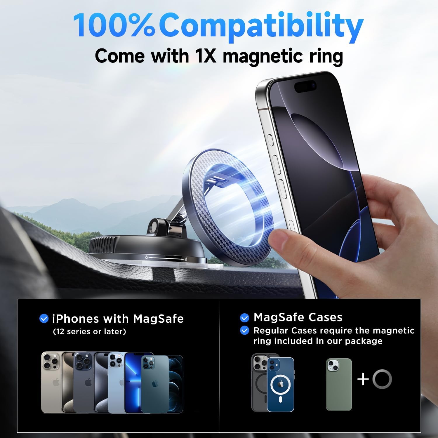 Car Phone Holder for Magsafe [78+LBS Strongest Suction & 2400gf Strongest Magnetic] 360° Adjustable Car Phone Mount, Phone Holders for Your Car for iPhone 16 Pro Max 15 14 13 12 Plus (Carbon Fiber) image 6