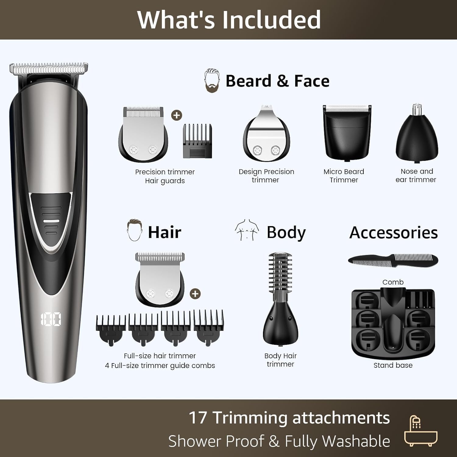 Electric Beard Trimmer for Men: 16-in-1 Professional Barber Hair Clippers - Cordless Grooming Kit - Turbo Speed & Precision Blades image 6