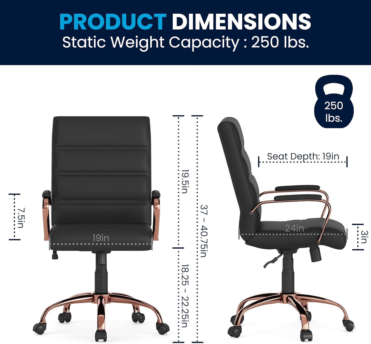 Flash Furniture Whitney Mid-Back Swivel LeatherSoft Desk Chair with Padded Seat and Armrests, Adjustable Height Padded LeatherSoft Office Chair, Black/Rose Gold image 3