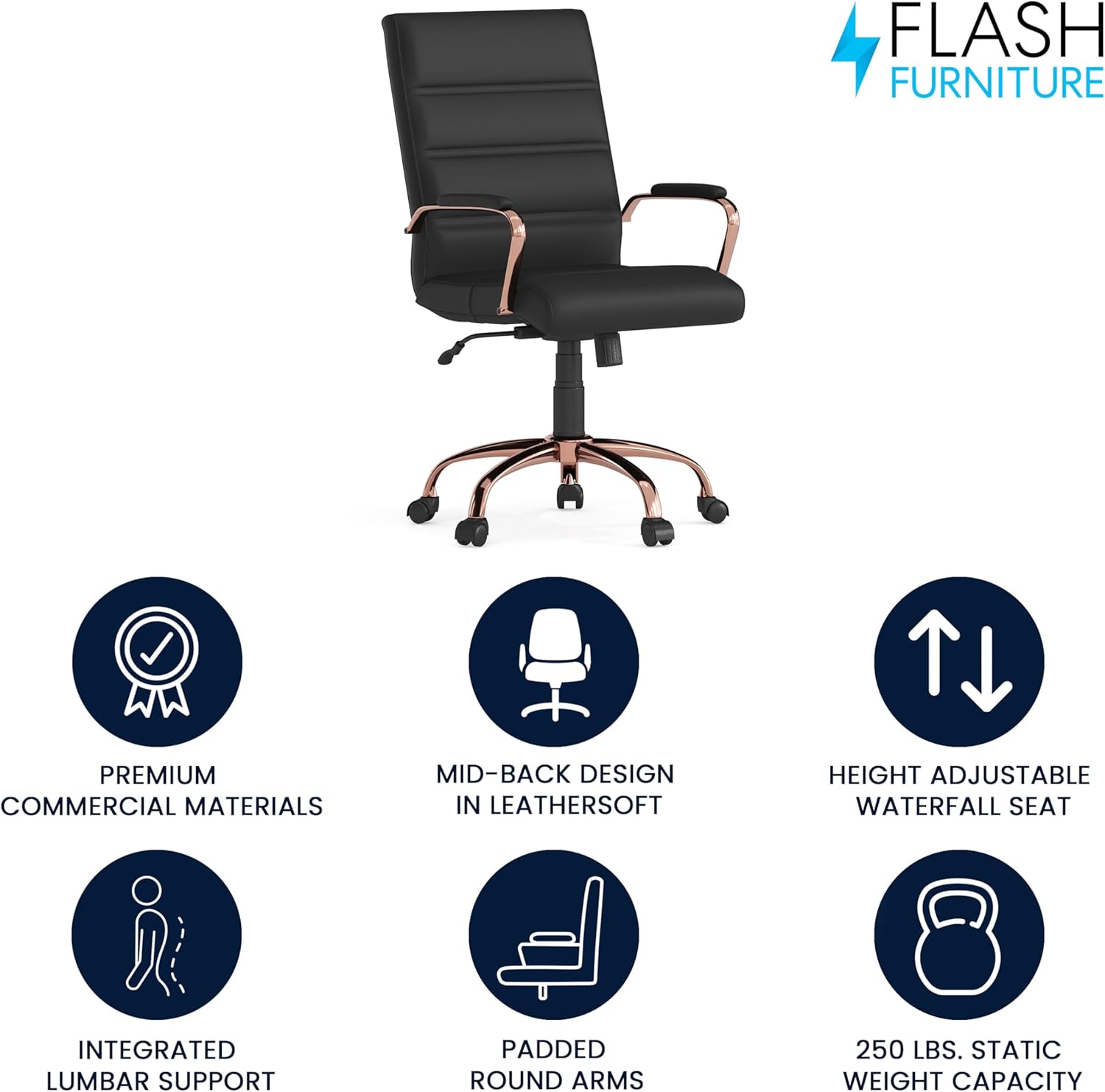 Flash Furniture Whitney Mid-Back Swivel LeatherSoft Desk Chair with Padded Seat and Armrests, Adjustable Height Padded LeatherSoft Office Chair, Black/Rose Gold image 4