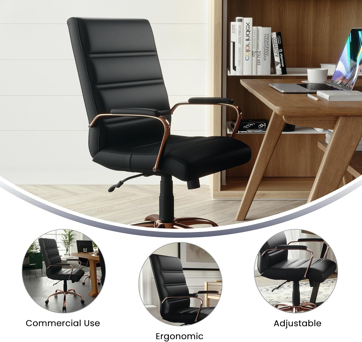 Flash Furniture Whitney Mid-Back Swivel LeatherSoft Desk Chair with Padded Seat and Armrests, Adjustable Height Padded LeatherSoft Office Chair, Black/Rose Gold image 5