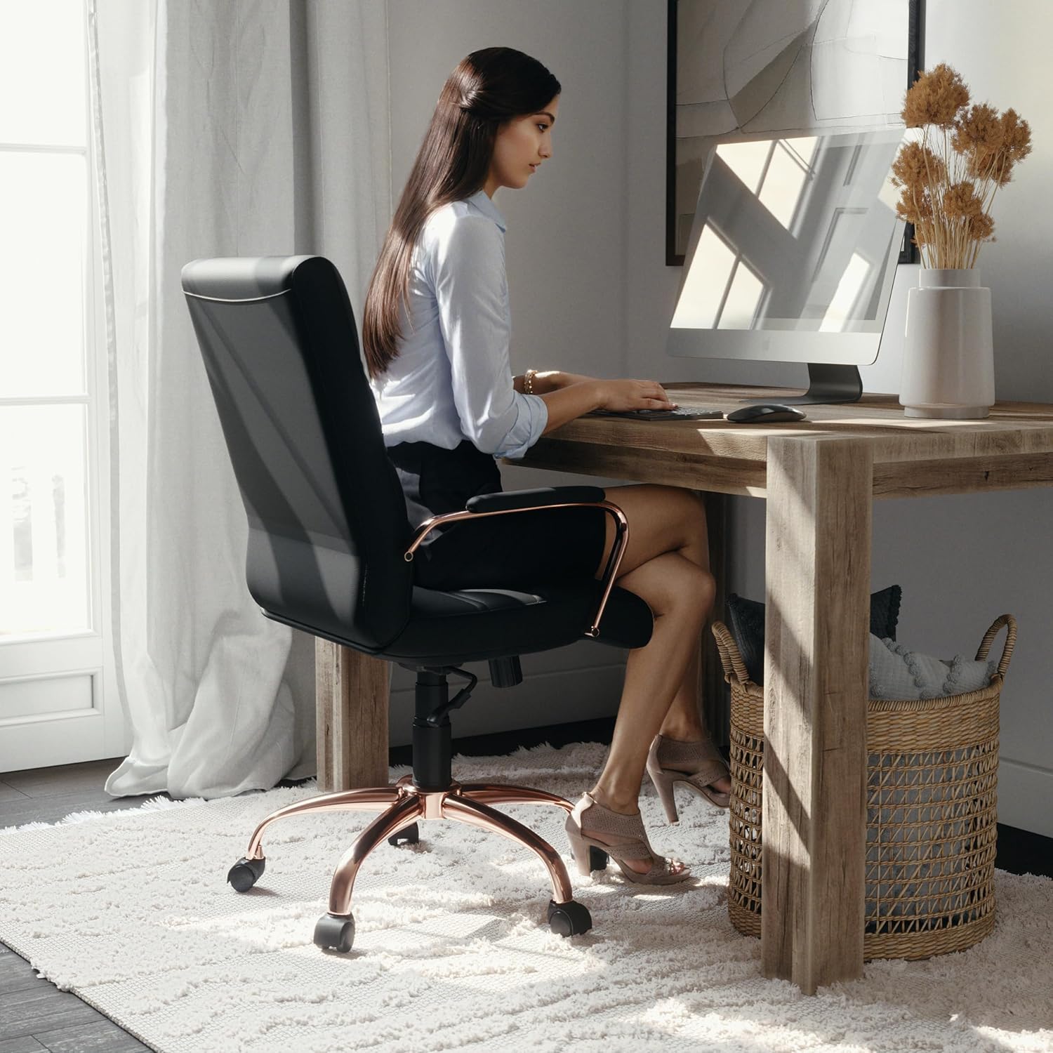 Flash Furniture Whitney Mid-Back Swivel LeatherSoft Desk Chair with Padded Seat and Armrests, Adjustable Height Padded LeatherSoft Office Chair, Black/Rose Gold image 7