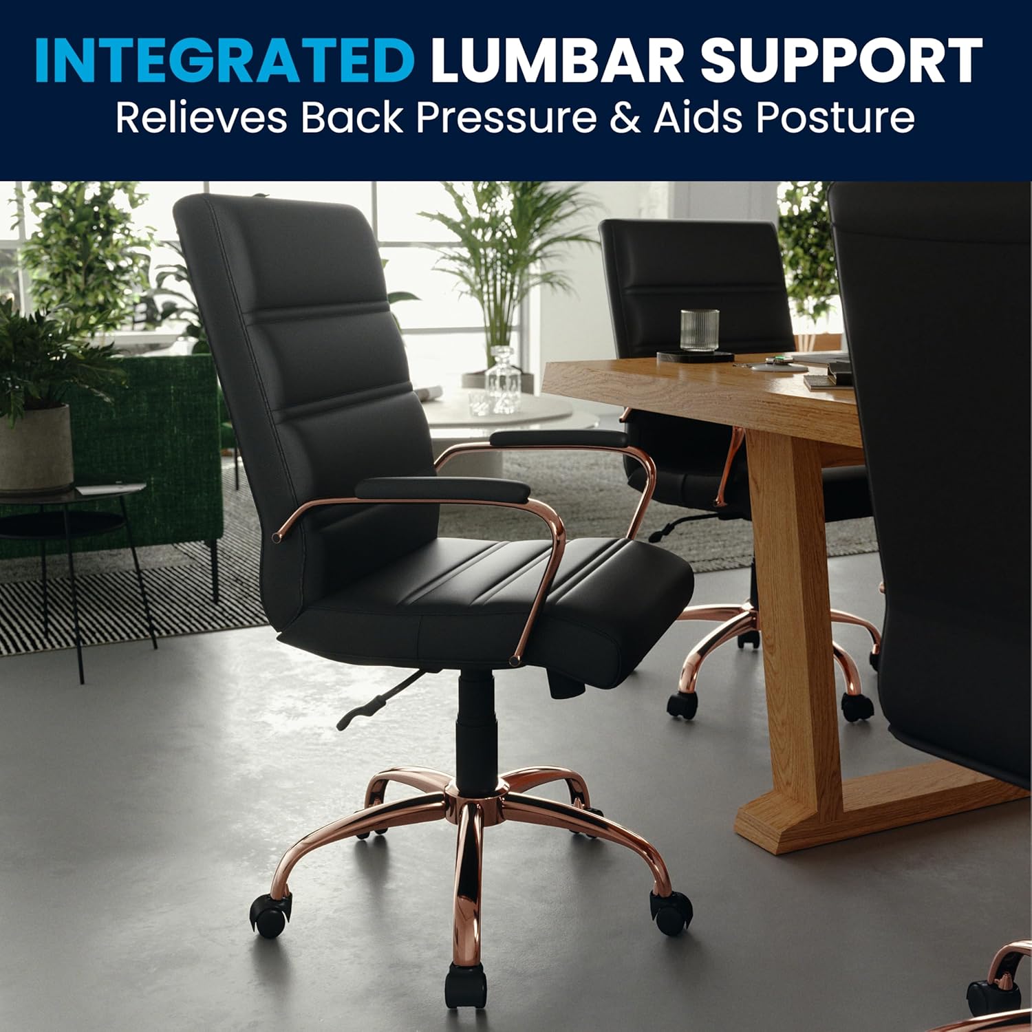 Flash Furniture Whitney Mid-Back Swivel LeatherSoft Desk Chair with Padded Seat and Armrests, Adjustable Height Padded LeatherSoft Office Chair, Black/Rose Gold image 9