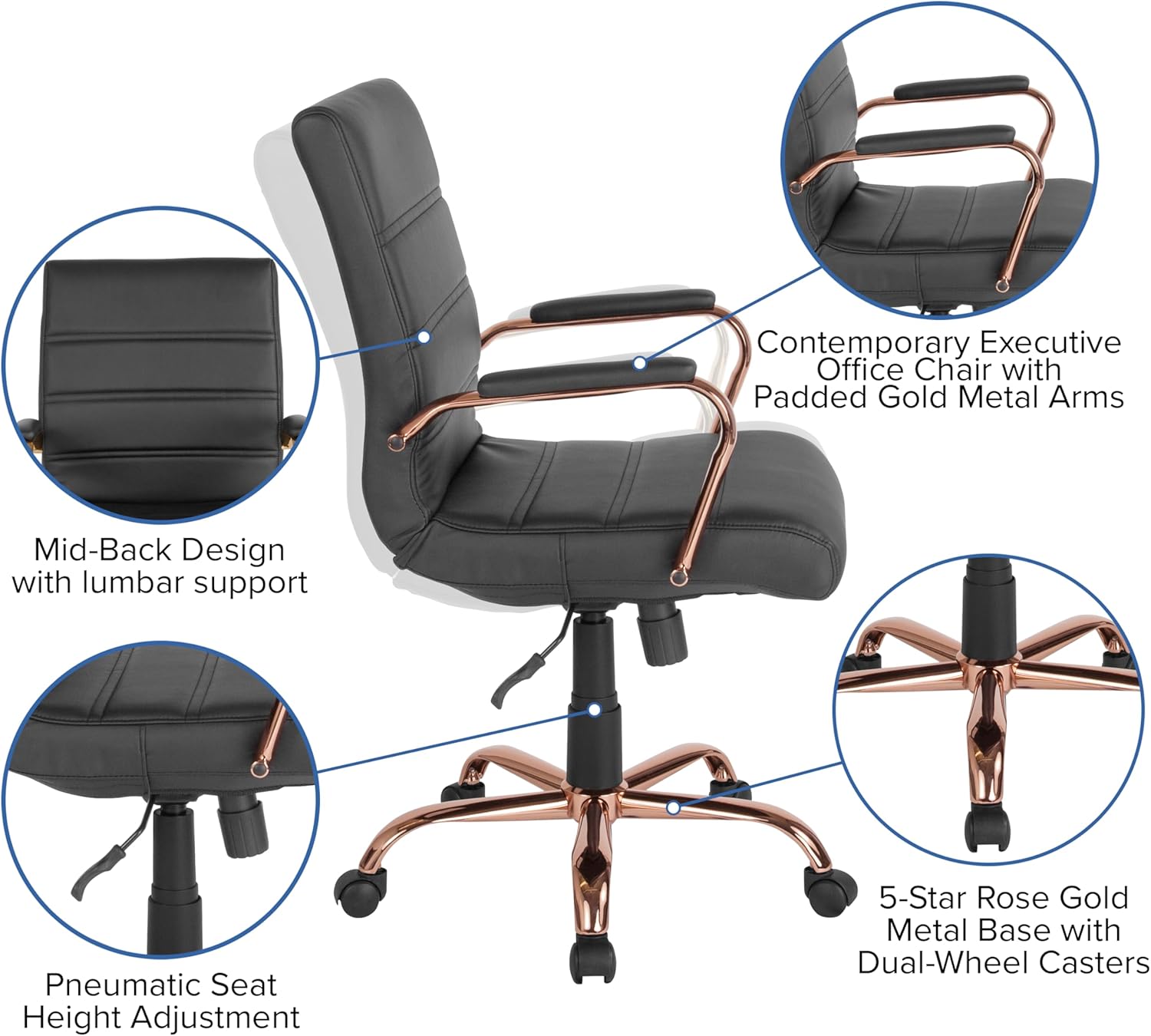 Flash Furniture Whitney Mid-Back Swivel LeatherSoft Desk Chair with Padded Seat and Armrests, Adjustable Height Padded LeatherSoft Office Chair, Black/Rose Gold image 10
