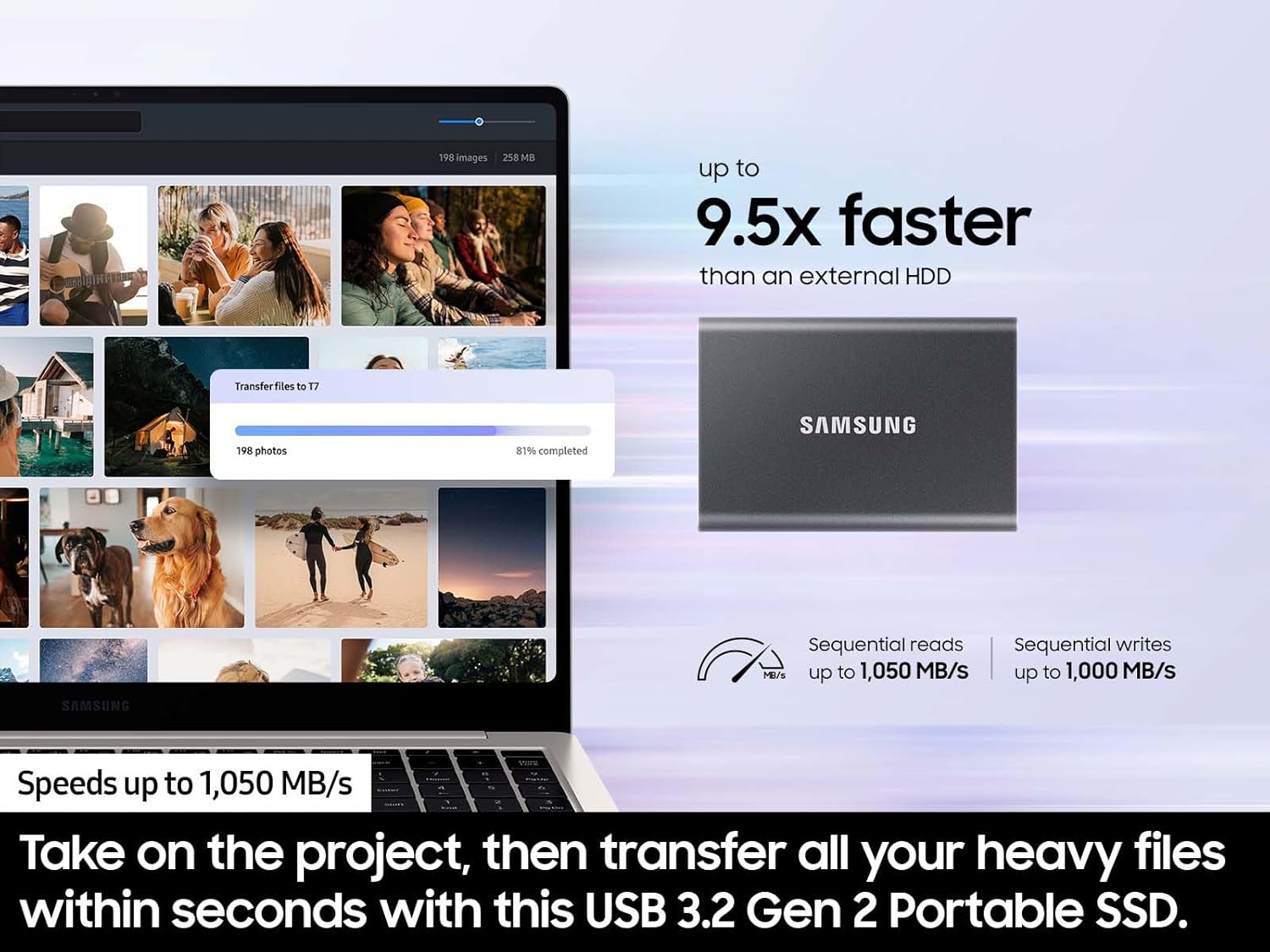 SAMSUNG T7 Portable SSD, 4TB External Solid State Drive, Speeds Up to 1,050MB/s, USB 3.2 Gen 2, Reliable Storage for Gaming, Students, Professionals, MU-PC4T0T/AM, Gray image 2