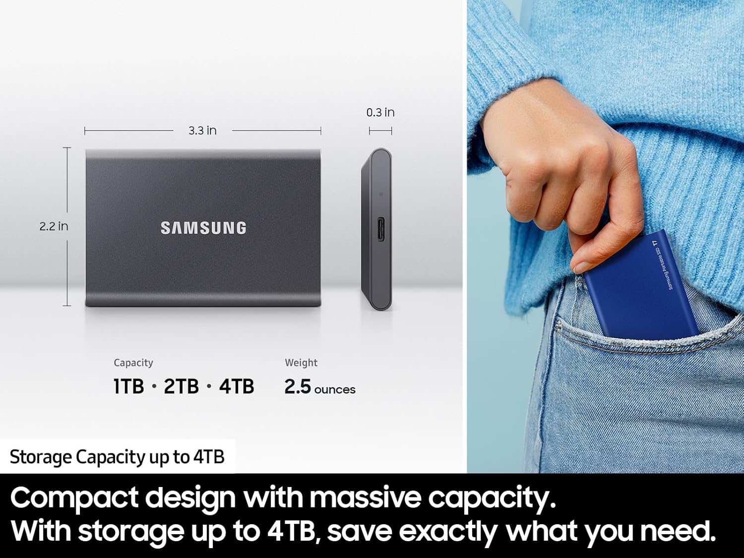 SAMSUNG T7 Portable SSD, 4TB External Solid State Drive, Speeds Up to 1,050MB/s, USB 3.2 Gen 2, Reliable Storage for Gaming, Students, Professionals, MU-PC4T0T/AM, Gray image 3