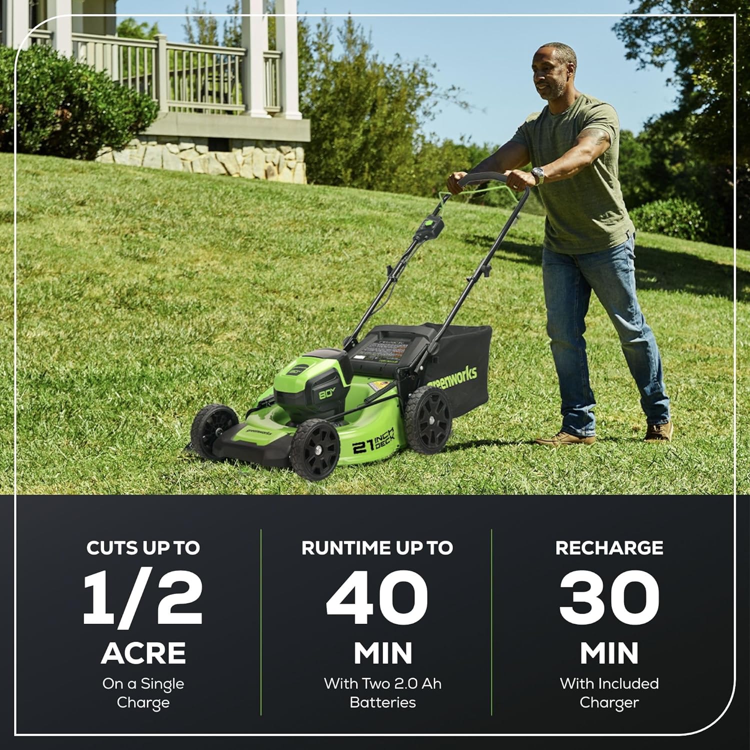 Greenworks 80V 21" Brushless Cordless (Push) Lawn Mower (75+ Compatible Tools), (2) 2.0Ah Batteries and 30 Minute Rapid Charger Included image 3
