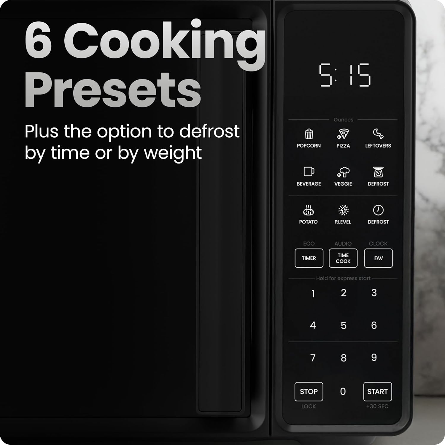 Chefman Countertop Microwave Oven 0.7 Cu. Ft., 700 Watts with 10 Power Levels, 6 Cooking Presets with One-Touch Express Cook, Eco Mode, Child Safety Lock, & Mute Button - Black image 3