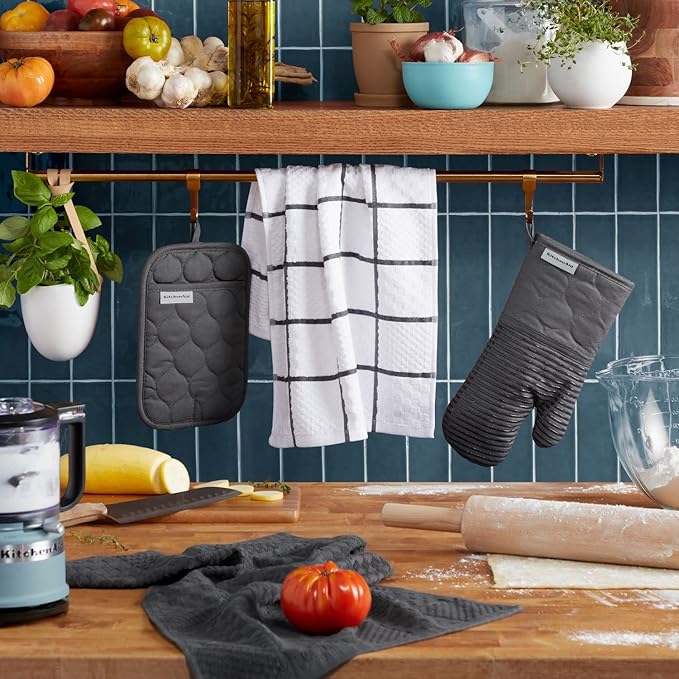 KITCHENAID Quilted Cotton Terry Cloth Oven Mitt, Pot Holder, Kitchen Towel 4-Pack Set, Heat Resistant, Silicone Grip, Gift Set, Charcoal Grey, 16"x26", 7"x13" & 7"x10" image 2