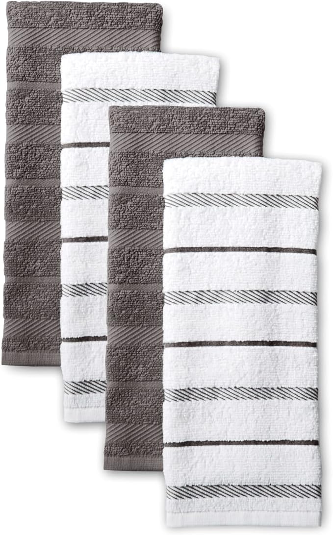 KitchenAid Albany Kitchen Towel 4-Pack Set, Charcoal Grey/White, 16"x26" image 1