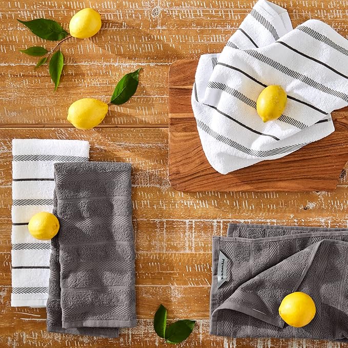 KitchenAid Albany Kitchen Towel 4-Pack Set, Charcoal Grey/White, 16"x26" image 2