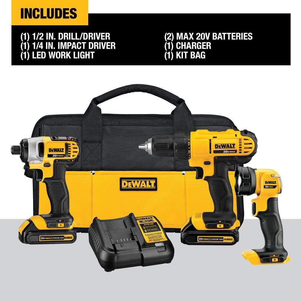 DEWALT 20V MAX Cordless Drill Impact Driver and LED Work Light Portable, Power Tool Combo Kit 3 Tool, 2 Batteries and Charger Included (DCK340C2) image 7