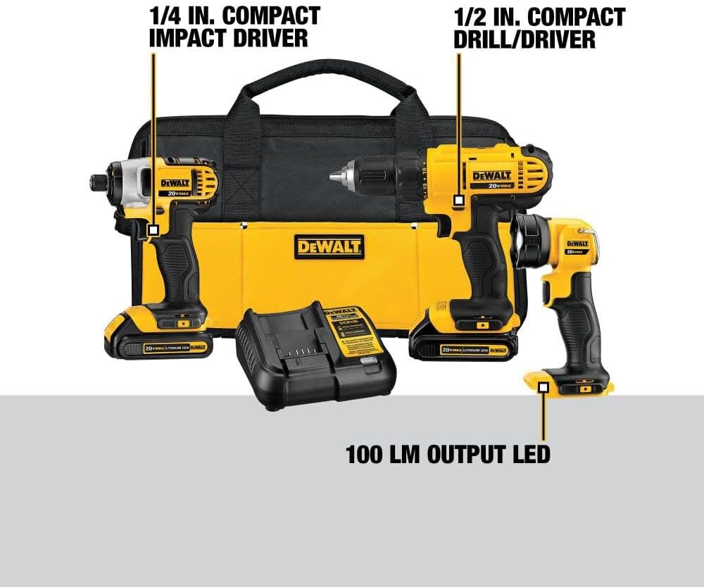DEWALT 20V MAX Cordless Drill Impact Driver and LED Work Light Portable, Power Tool Combo Kit 3 Tool, 2 Batteries and Charger Included (DCK340C2) image 8
