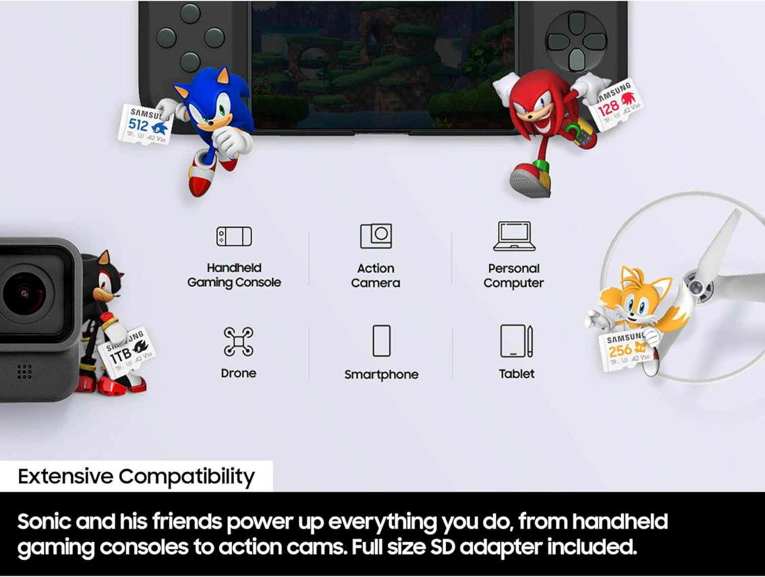 Samsung PRO Plus Sonic The Hedgehog + Adapter, 1TB microSDXC, Up-to 180MB/s, Full HD & 4K UHD, UHS-I, C10, U3, V30, A2, for Nintendo-Switch, Steam Deck, GoPRO, DJI Drone, Tablets (MB-MD1T0SA/LC1) image 5