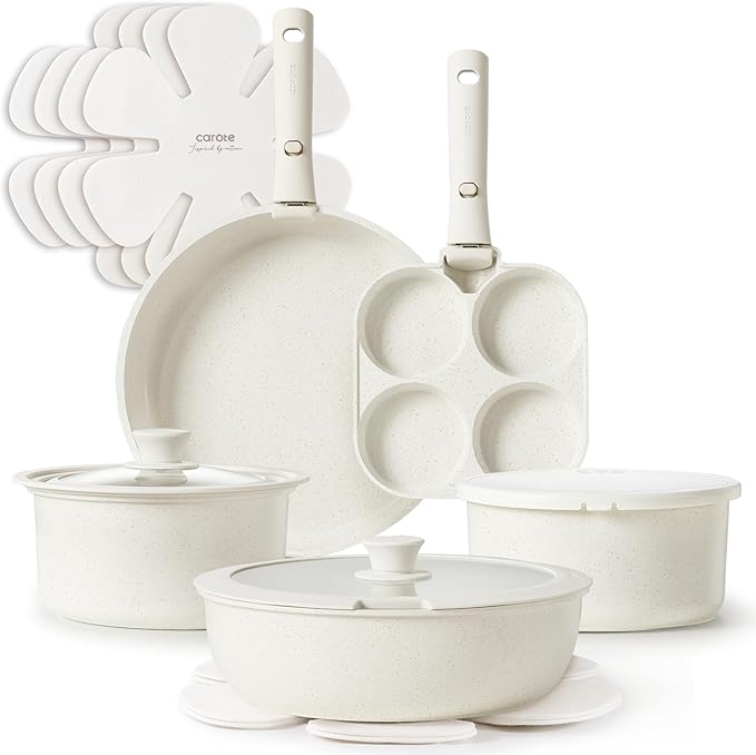 CAROTE 14pcs Pots and Pans Set Non Stick, Cookware Sets, Kitchen Set, Oven/Dishwasher/Fridge Safe, Space Saving Pots Set, Nonstick Set with Versatile Detachable Handle, Induction RV Set, Cream image 1